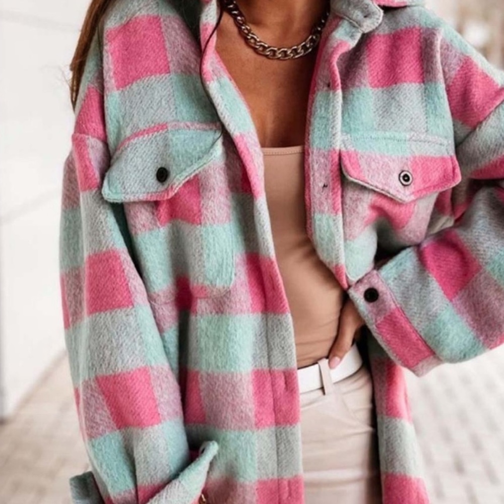 60 Oversized Soft Heavyweight Green Pink Plaid Cozy Brushed Shacket Pockets - Picture 2 of 9